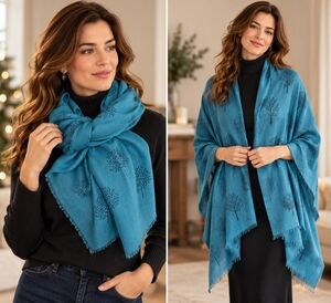 Tree of Life Print Scarf Women’s Shawl Teal Navy Blue Soft Viscose Wrap